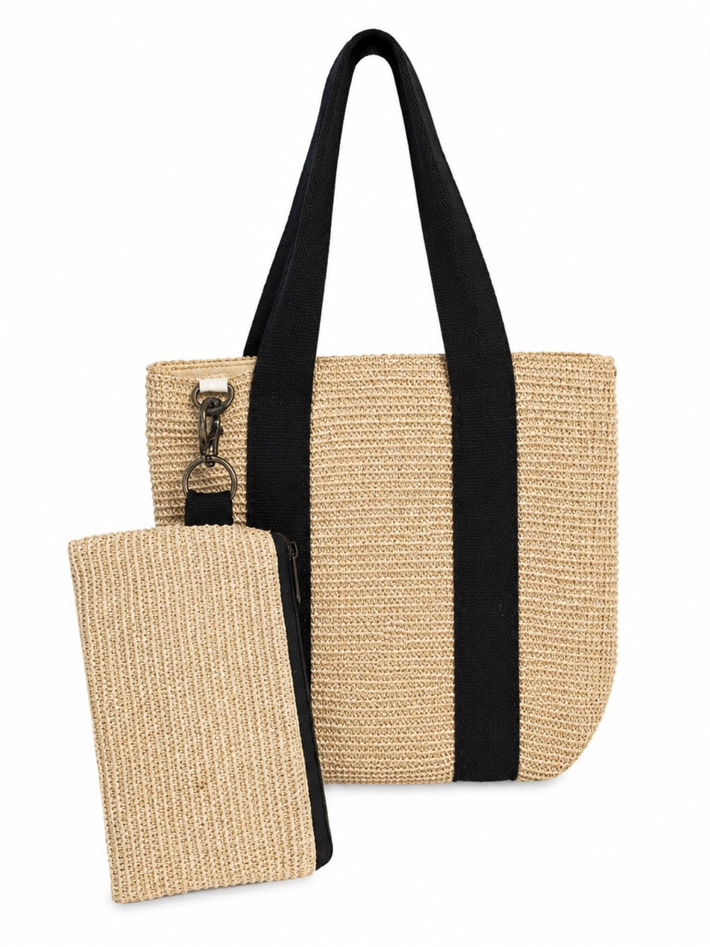 WACOAL Women's Tan Black Sisal Grass Woven Boho Tote Bag & Pouch NEW